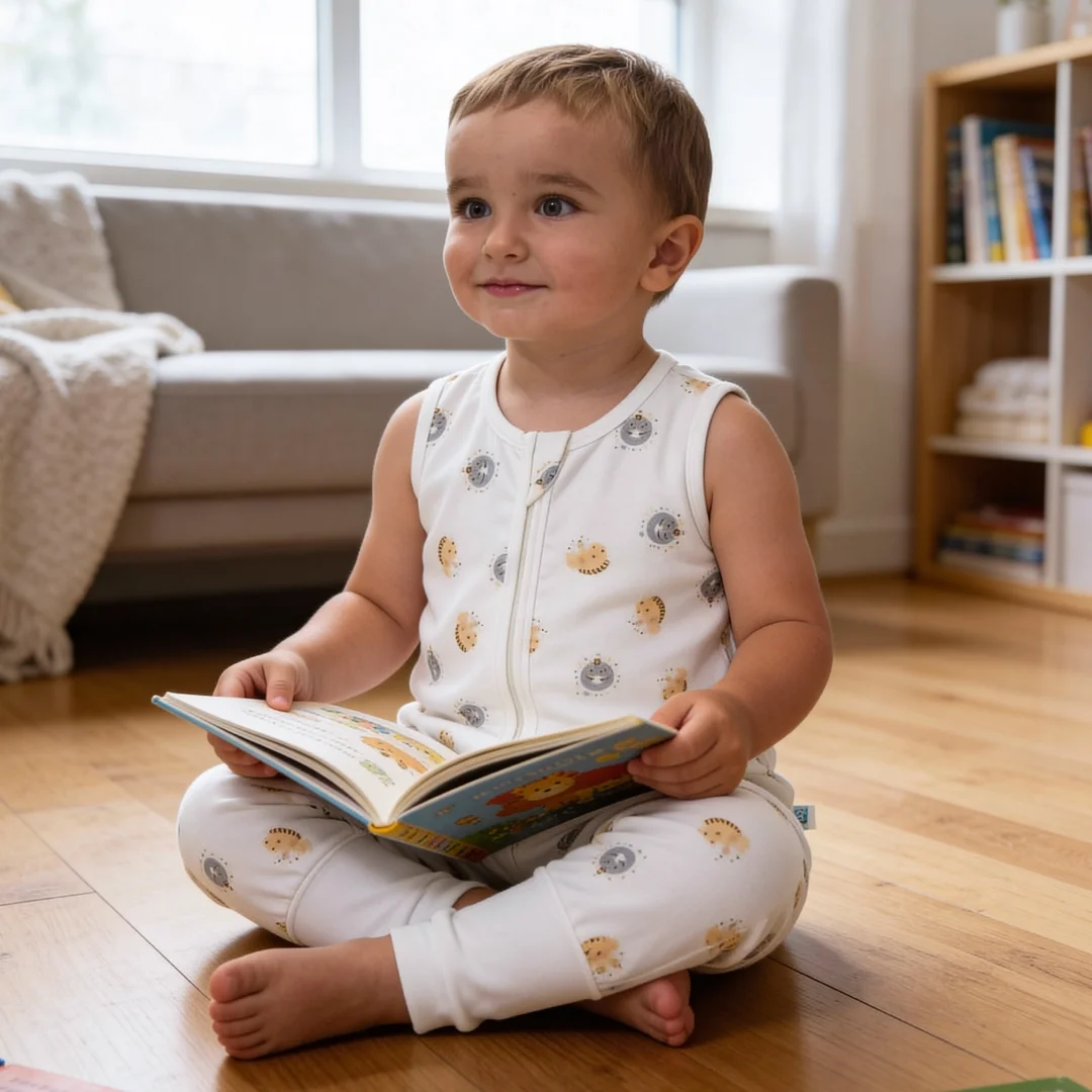 Child reading a book in cozy lion print outfit