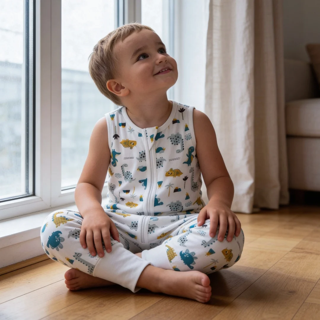 Child sitting by window in car print pajamas