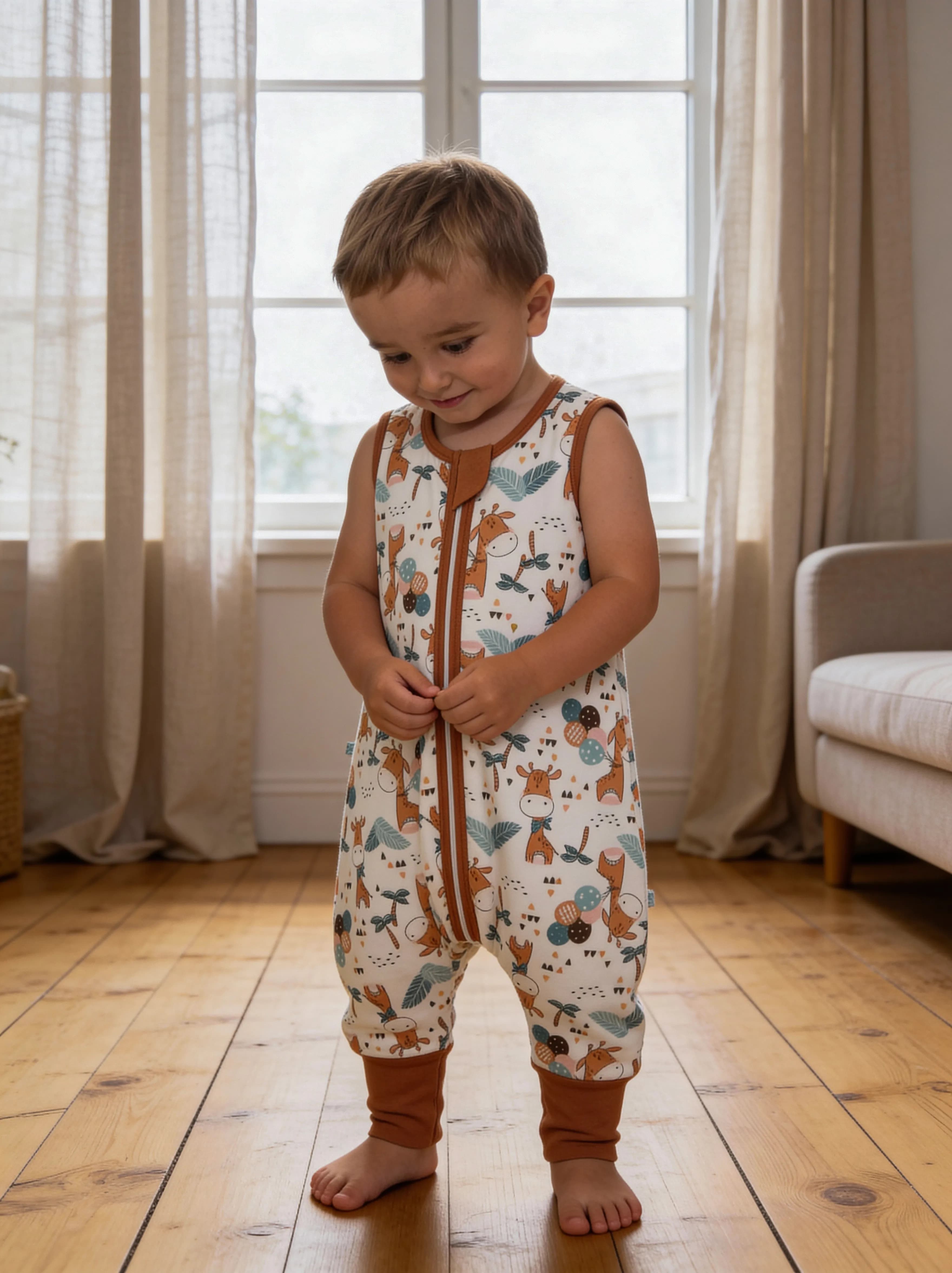 Child standing by window in forest animal print romper