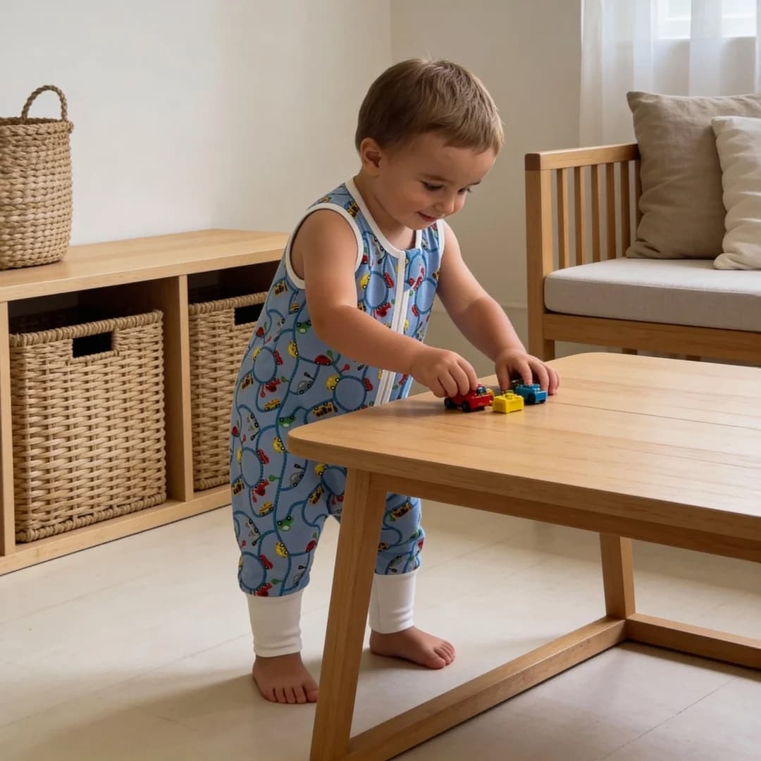 Child playing at table in blue dinosaur outfit
