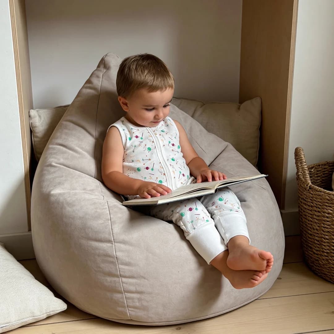 Child sitting on bean bag reading